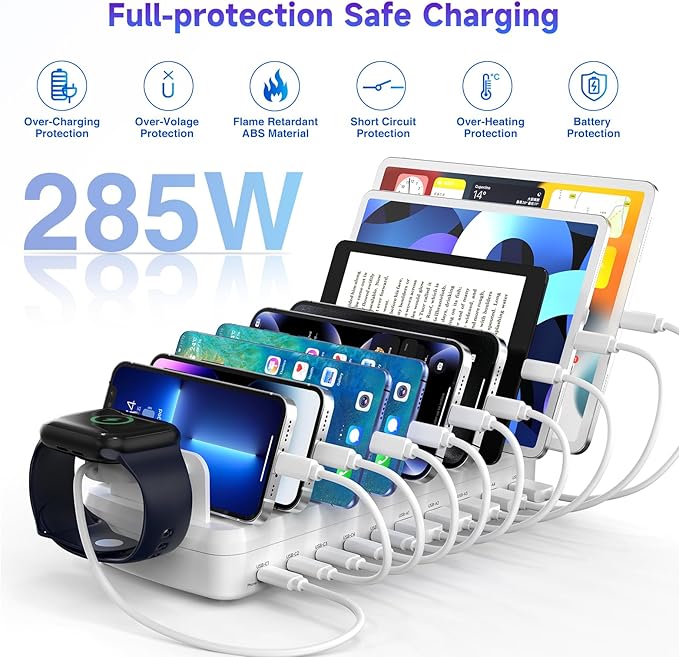 285W Charging Station for Multiple Devices, 10 Ports Fast Multi-Device Charger Organizer Compatible with MacBook Pro Laptop, iPhone, Android, Ipad, Tablet, Kindle, Family Multi-Device Charging Dock