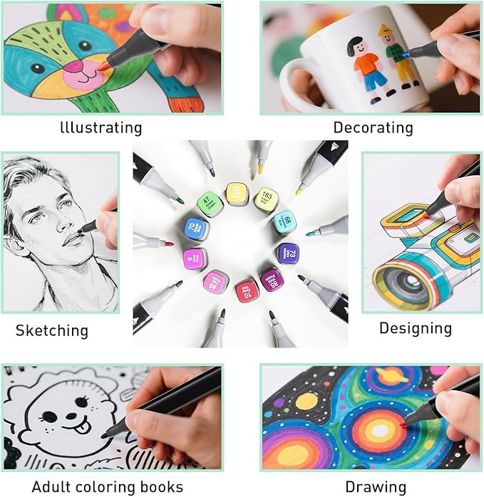 WELLOKB Alcohol Markers Set, 60 colors Alcohol Based Dual Tip, Fine and Brush Tip for Adult Coloring Books, Drawing, Sketching