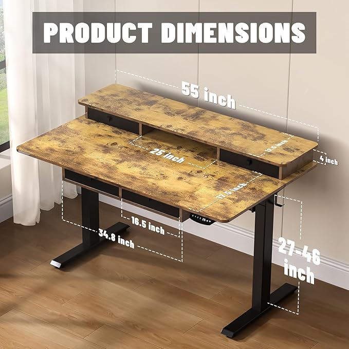 ExaDesk 55 * 30 Inches Electric Standing Widened Desk Adjustable Height with 4 Drawers, Double Storage Shelves Stand Up Desk, Home Office Workstation Sit Stand up Desk (Rustic Brown)