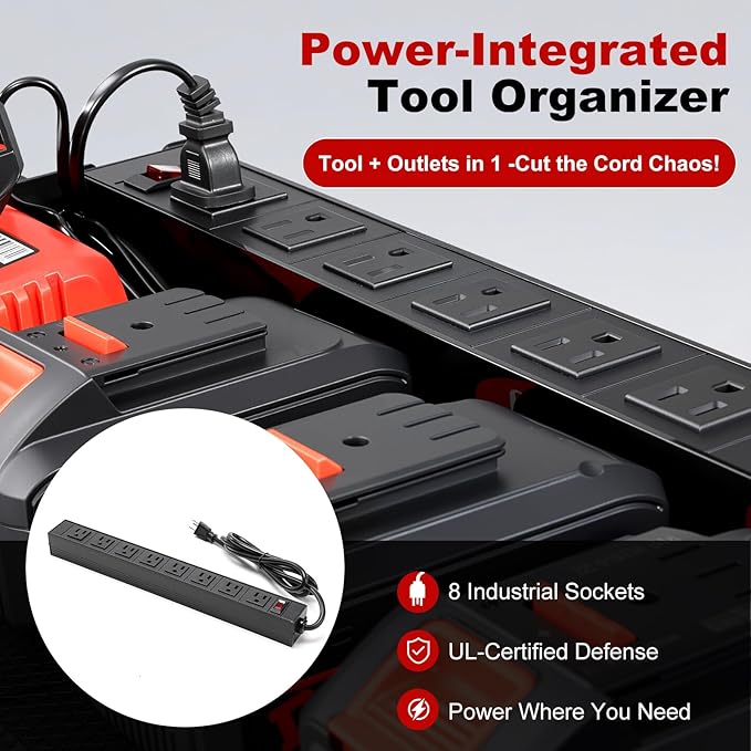 Power Tool Organizer Wall Mount with Charging Station, Heavy Duty Metal Cordless Drill Holder, Garage Tool Storage Battery Rack with 8 Outlet, Gift for Men Husband Dad Birthday Anniversary Red