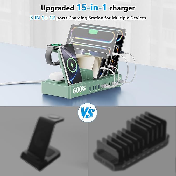 600w Charging Station for Multiple Devices, 15 in 1 Wireless Charger with 2pack 100w USB C Charger Cable, Dual 100w USB C Tablet Charging Station for MacBook,iPhone,iPad,Tablet(Green)