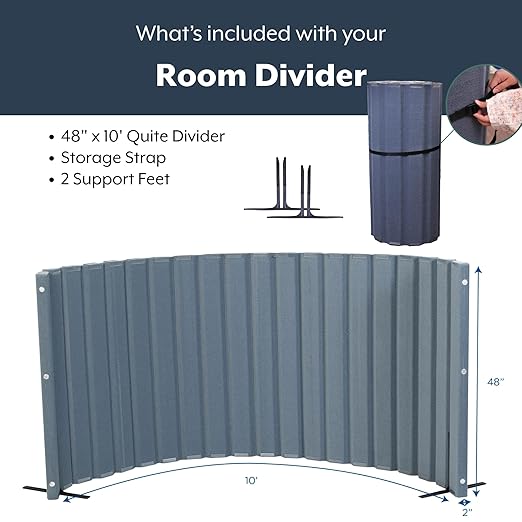 Angeles 48" x 10' Quiet Divider With Sound Dampening Panels, Freestanding Room Divider Wall, Gray