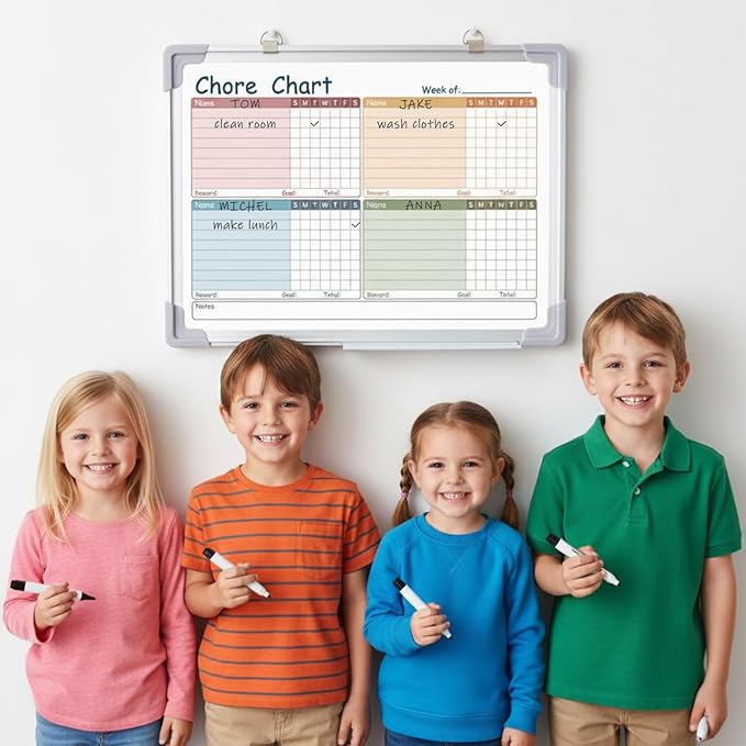 Lincia Magnetic Dry Erase Chore Chart Board for Multi-Person Households 24"x18" Double Side Family 2 in 1 Combo Chore Board for Wall Aluminum Frame 8 Markers 1 Eraser(Double Style)