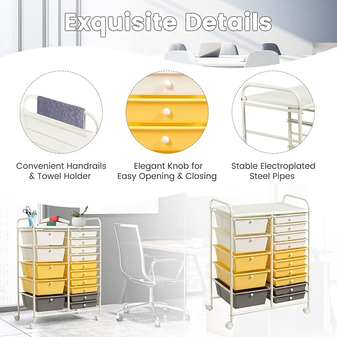 COSTWAY 15 Drawer Rolling Storage Cart, Multipurpose Mobile Storage Organizer w/Removable Drawers & Metal Frame, Utility Tools Paper Organizer on Wheels for Home, Office (Yellow, Beige & Grey)