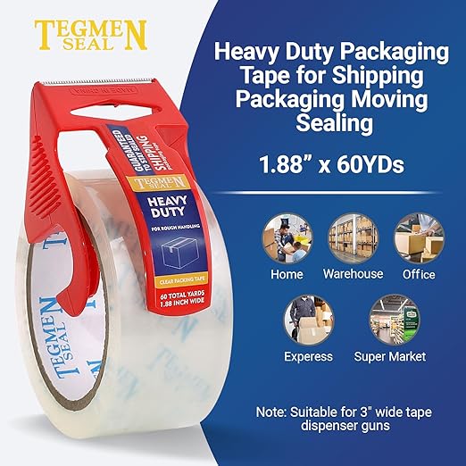 TegmenSeal Heavy Duty Clear Packing Tape with Dispenser Combo for Shipping, Moving & Storage,Thicker Clear Packing Tape, 1.88 inches Wide, 60 Yards Per Roll, 18 Pack 1080 Total Yards