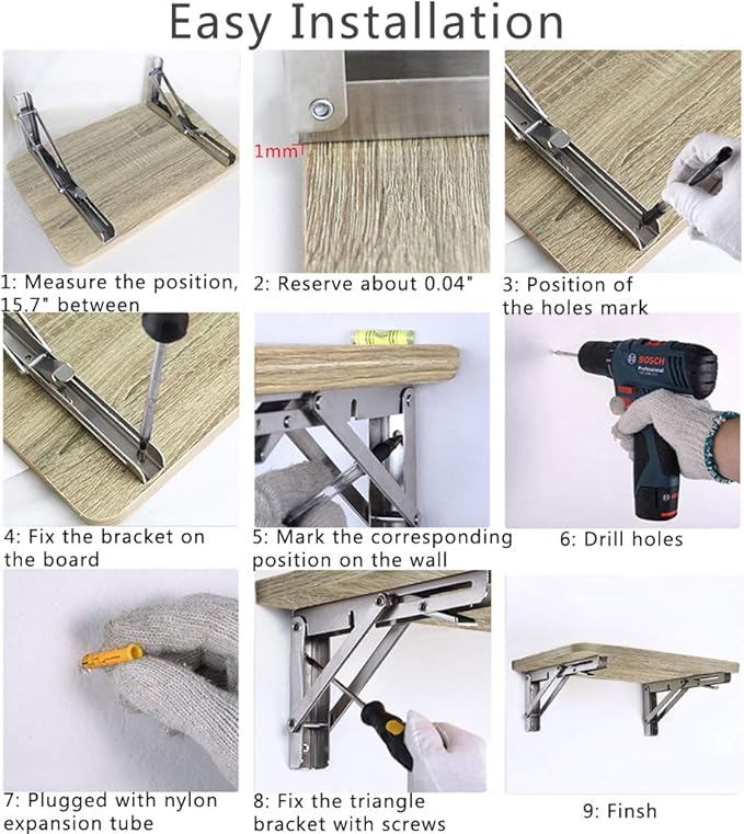 Folding Shelf Brackets, Max Load 300 lb, Heavy Duty Stainless Steel Collapsible Wall Mounted Shelf Brackets for Table, Space Saving DIY Bracket, Pack of 2 (2, 14 Inch)