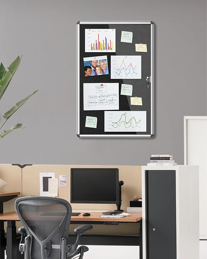 Mifuro 36"x24" Enclosed Bulletin Board, Lockable Weather-Resistant Aluminum Cork Noticeboard for School & Office, Silver Frame w/Black Flet