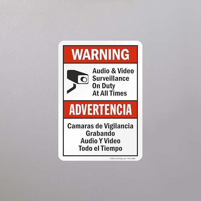 SmartSign 10 x 7 inch “Warning - Audio & Video Surveillance On Duty At All Times” Bilingual Sticker Label, 3 mil Laminated Adhesive Polyester, Red, Black and White, Made in USA