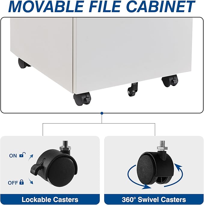Fesbos 3 Drawer Mobile Metal File Cabinet, White Filling Cabinets with Lock, Pre-Built Office Storage File Cabinet with Wheels Under Desk - Assembled Required