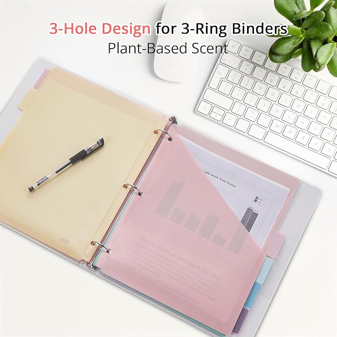 6-Tab Letter Size Dividers for 3 Ring Binder, Wheat Straw Binder Dividers with One Pocket, 6 Pastel Colors, Perfect for School, Office Supplies (1)