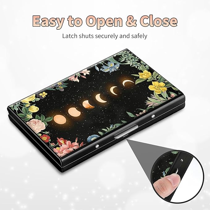 BWEGRHE Slim Credit Card Holder, Moon Flower RFID Blocking Metal Wallet for Men & Women, Aluminum Minimalist Hard Case Pocket-Sized Business Cards Organizer (Fits Up to 10 Cards)