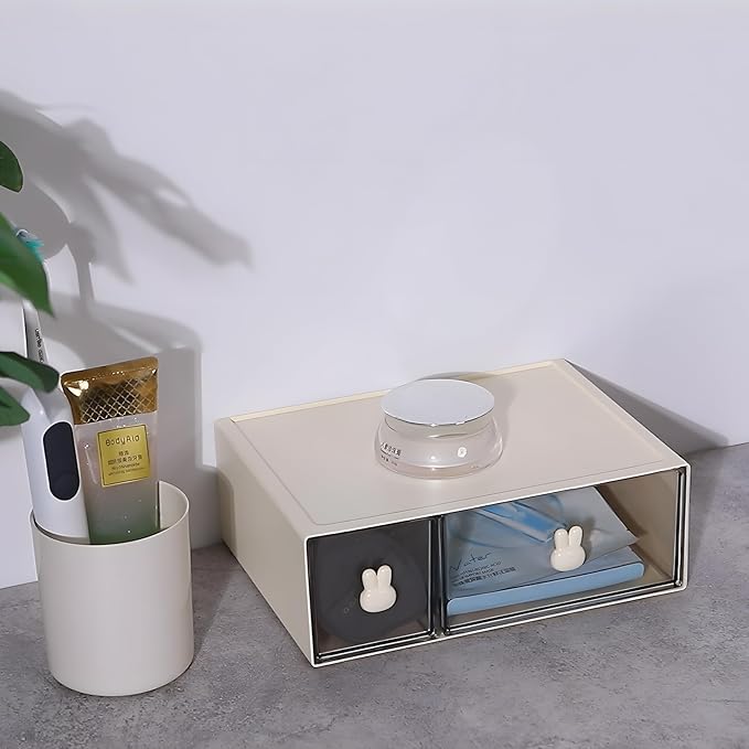 OSteed Desktop Drawers, Desk Organizer with 2 Drawers & Bunny Handles, Stackable Plastic Storage Box for Home Collection, Cosmetics, Office Supplies (1 Tall Layer, Cream & Clear)