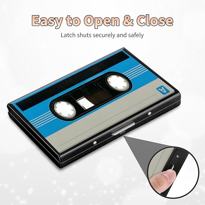 BWEGRHE Slim Credit Card Holder, Blue Cassette RFID Blocking Metal Wallet for Men & Women, Aluminum Minimalist Hard Case Pocket-Sized Business Cards Organizer (Fits Up to 10 Cards)