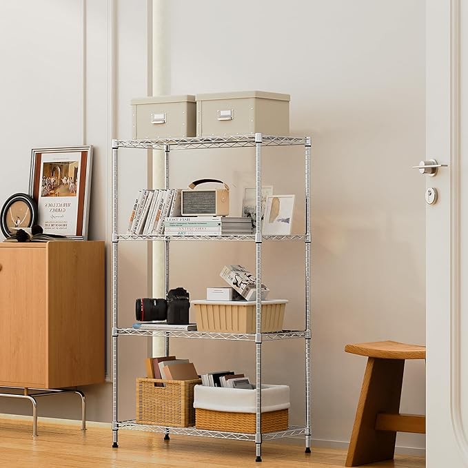 M MZG 1000 lbs 4Tier Shelf Metal Storage Shelves Wire Rack Closet Organizers with Wheel for Garage Kitchen Bathroom Laundry Chrome 13.7" D x 29.5" W x 47.2" H