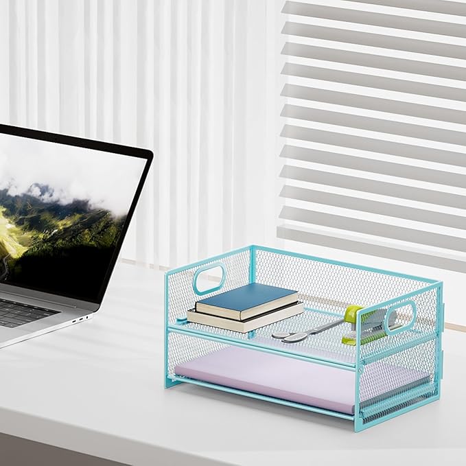 Marbrasse 2 Tier Paper Organizer Letter Tray, Mesh File Organizer with Handle, Paper Sorter Desk Organizer for Home Office Supplies - 2P Blue