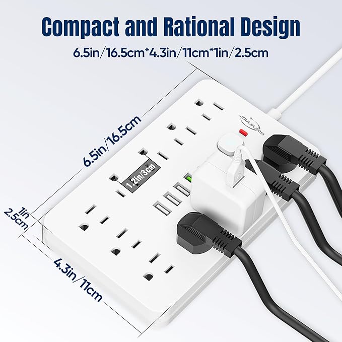 JouleLoom 20 FT Flat Plug Surge Protector Power Strip,11 Multiple AC Outlets with 6 USB Ports (2 USB C), 20 Feet Extension Cord, 1250W/10A, One Touch Switch Button, White