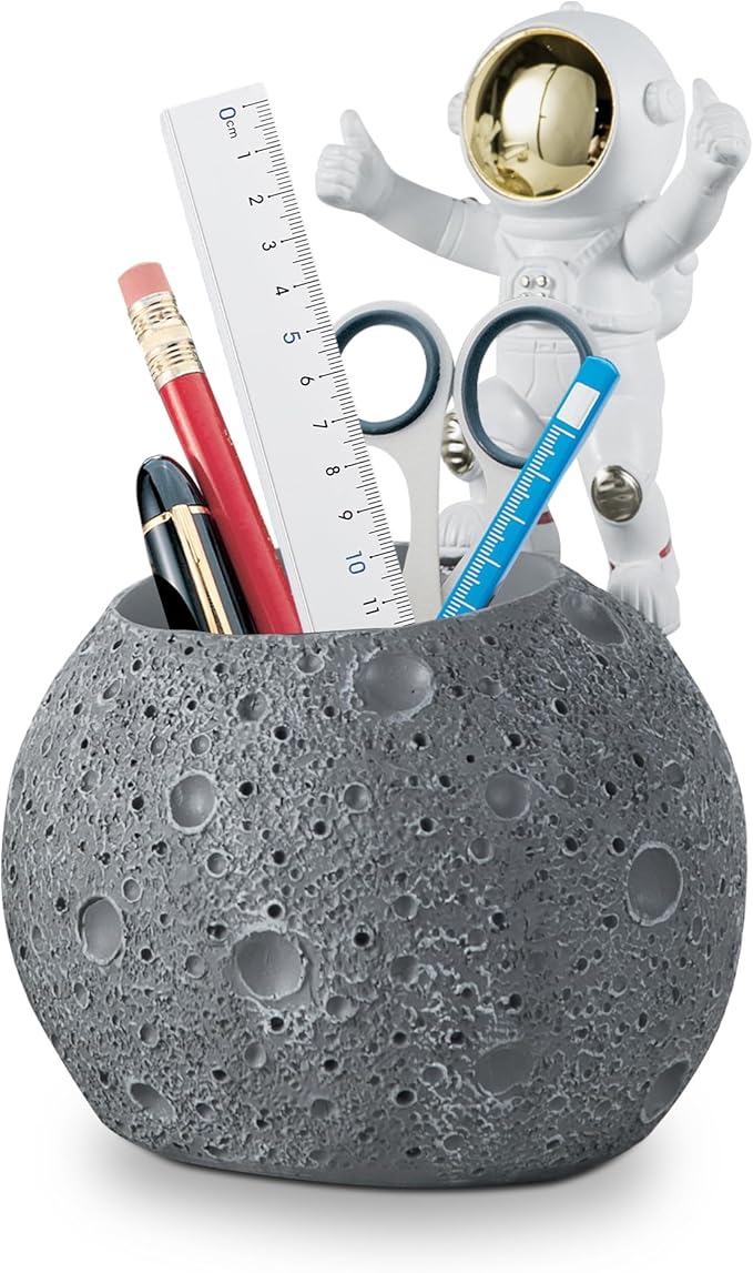 Kimdio Pen Holder, Astronaut Stand for Desk Pencil Holder, Resin Desk Moon Organizer Decorative Accessories Ideal Gift for Office, Classroom, Home - Grey