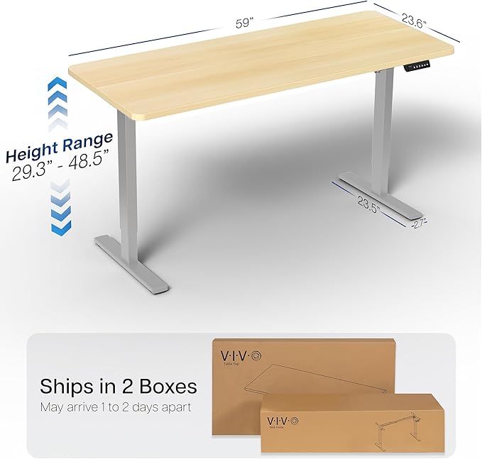 VIVO Electric 60 x 24 in Standing Desk, Memory Height Adjustment, 1B Series, Holds 220 lbs, One-Piece Light Wood Top, Gray Frame, DESK-KIT-1G6C