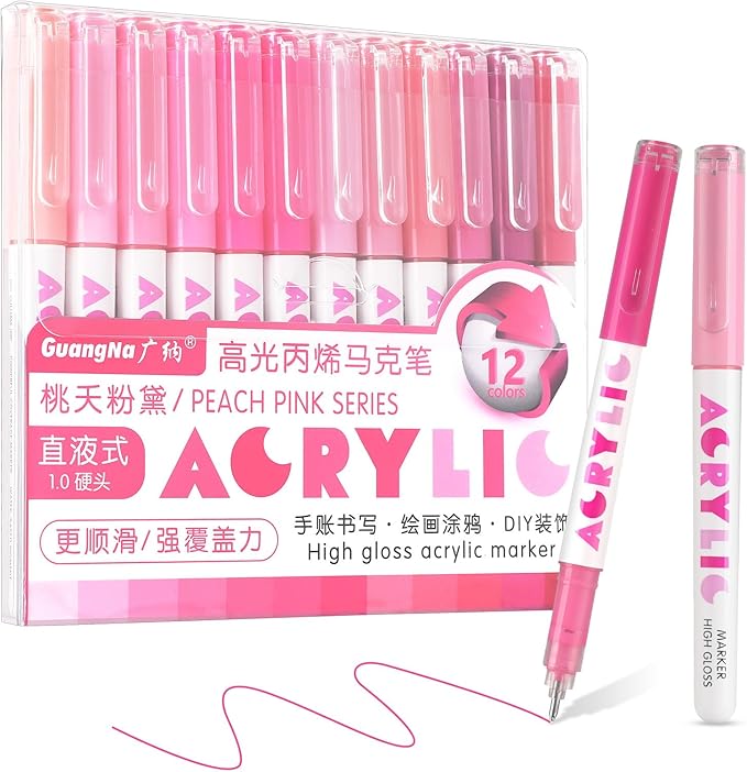 kander Acrylic Gel Pens, 12 Colors Highlighter Acrylic Gel Ink Pens with Bullet Tip,Strong Coverage, Large Ink Capacity, Multi-Purpose Paint Pens for Rock Painting, Crafts, DIY, Art Supplies