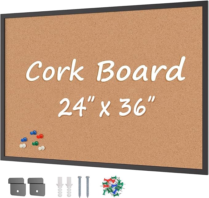 Board2by Cork Board Bulletin Board 24 x 36, Black Wood Framed 2x3 Corkboard, Office Board for Wall Cork, Large Wall Mounted Notice Pin Board with 16 Push Pins for School, Home & Office