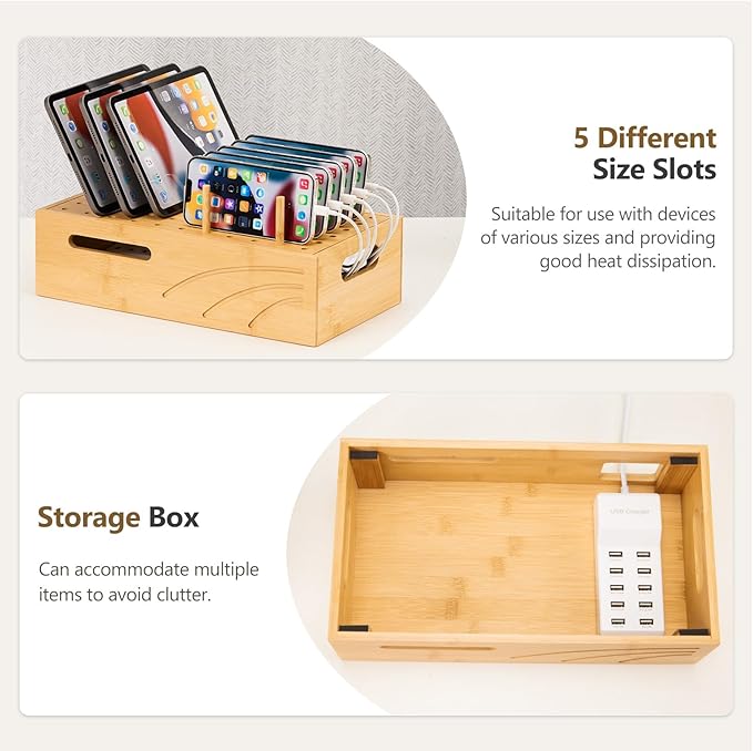 Cozivolife Bamboo Charging Station for Multiple Devices, Charger Organizer Desk Docking Stations Rack for Phones, Tablets, Laptop, Perfect to Work from Home (Natural, M)