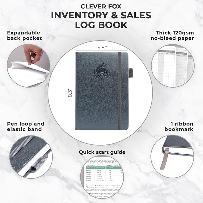 Clever Fox Inventory & Sales Log Book for Small Business – Inventory Ledger Book, Inventory Notebook, Order Tracker Book for Purchases, Sales & Reorders – Undated, Hardcover, A5, Silver Black