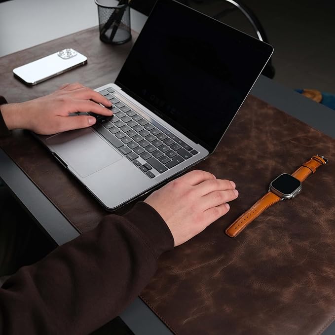 TORONATA Jersey Genuine Calfskin Leather Desk Pad, Office Desk Mat with Non-Slip Bottom, Smooth Surface for Mouse & Keyboard, Desk Protector (36x19 inches) (Dark Brown)