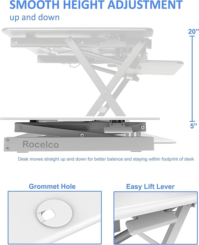 Rocelco 40" Large Height Adjustable Standing Desk Converter with Dual Monitor Mount BUNDLE - Quick Sit Stand Up Computer Workstation Riser - Retractable Keyboard Tray - White (R DADRW-40-DM2)