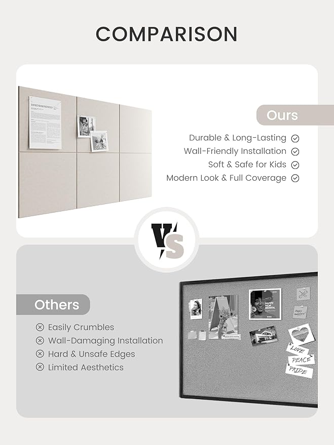 Bumusty Large Cork Board 36" x 24" Alternative - 6 Pack Felt Wall Tiles with 40 Safe Removable Adhesive Tabs, 30 Pushpins, Cork Boards for Walls Pin Board Bulletin Board Office Decor (Oatmeal)