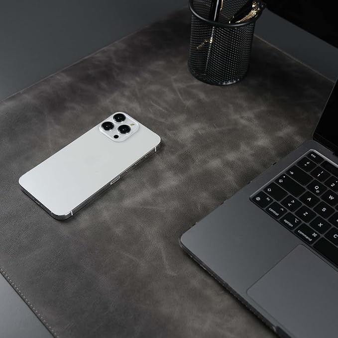 TORONATA Jersey Genuine Calfskin Leather Desk Pad, Office Desk Mat with Non-Slip Bottom, Smooth Surface for Mouse & Keyboard, Desk Protector (36x19 inches) (Grey)