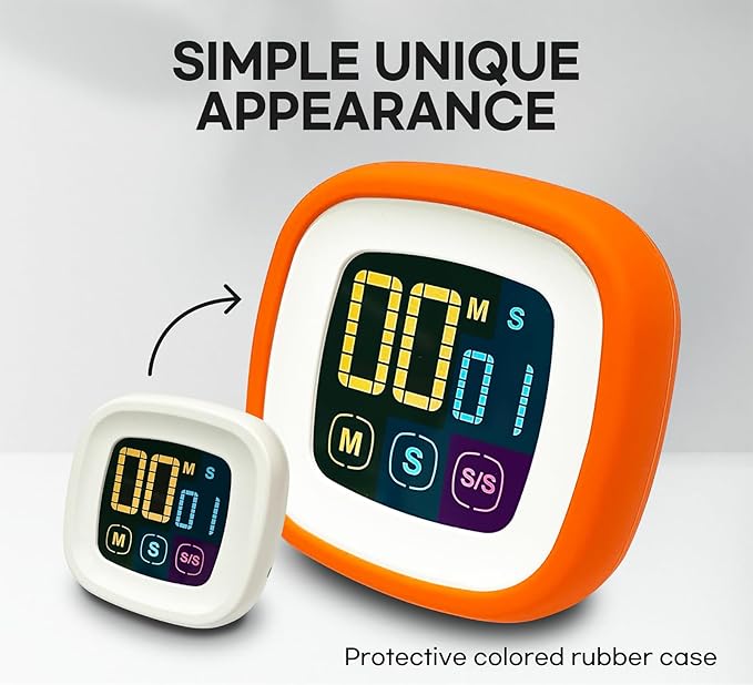 CREAVIVA Digital Kitchen Timer, Countdown, Countup, Protective Rubber case, Large Display with Color Bold Digits, Touch Control, Backlit, Magnetic Kickstand, Loud Alarm, Auto Memory (Orange)