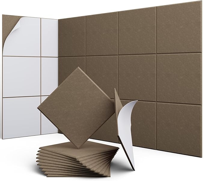 UNECHO 12 Pack 12" X 12" X 0.4" Acoustic Panels for Wall Sound Absorbing, Square Self-Adhesive Sound Panel, High Density Suitable for Multiple Scenarios(Coffee Brown)