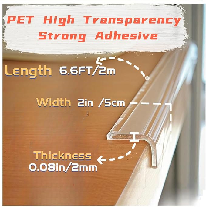 Clear Edge Protector Strip,2in Width x6.6ft Length(5cmx2m),Self Adhesive Protective Corner Bumper for Cabinet Doors,desks, Glass, Dining Tables, Furniture, Kitchen countertops