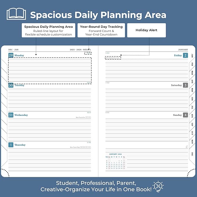 IN-LUXPRO Planner 2026 Daily Weekly and Monthly,8.5"x6.5",12 Months Spiral Bound Calendar Agenda with Self-adhesive Pen Holder,2026 Appointment Book with Vegan Leather Soft Cover,Blue