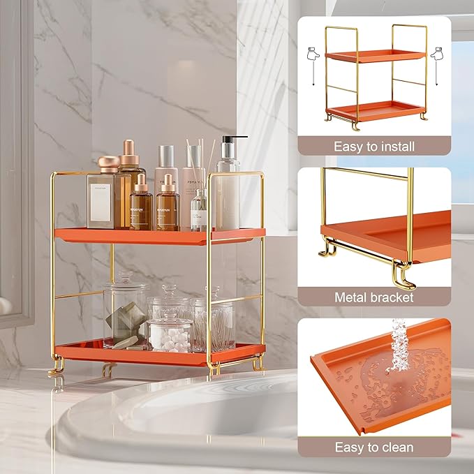 FSyueyun 2-Tier Bathroom Countertop Organizer,Bathroom Organizers and Storage with Tool-Less Installation, Premium Plastics for Makeup, Perfume, Skincare on Dresser Vanity Tray(Gold & Orange)