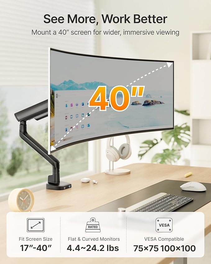 monTEK Single Monitor Arm with USB, Mechanical Spring Monitor Arm for 17-40" Screens, Adjustable Monitors Desk Mount Holds up to 24.2 lbs with C Clamp/Grommet Desk Mount, VESA 75/100mm, MA1011UCBK