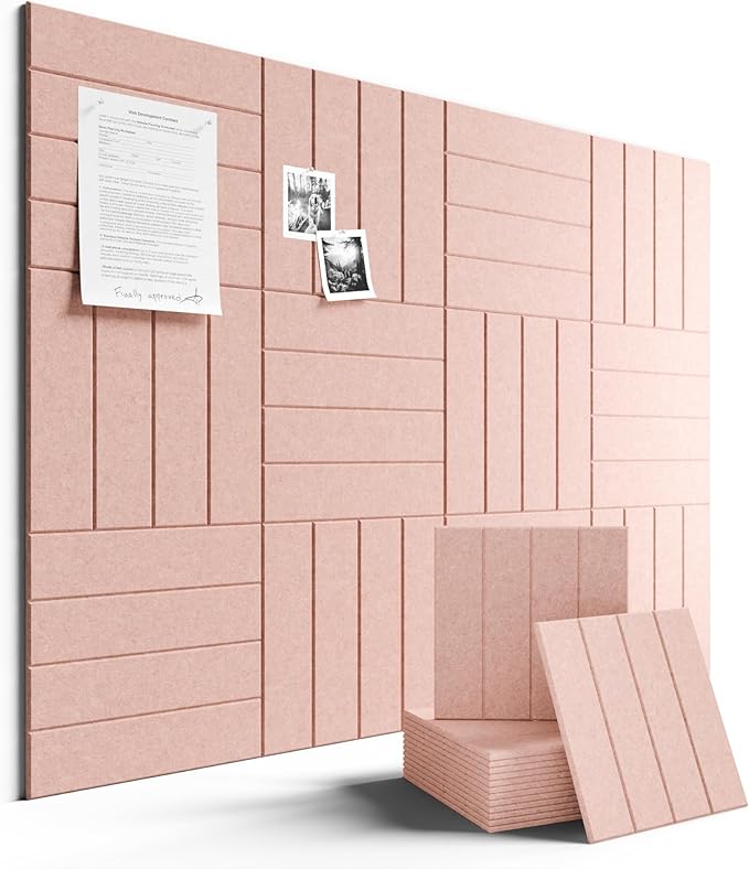 Fluxynara Felt Bulletin Board Tiles Large 48" x 36" Cork Board Alternative-12 Pack with 70 Adhesive Tabs, Thick Slat Wall Panels for Office Decor, Push Pin Board Wall Organizer Alternative -Pink