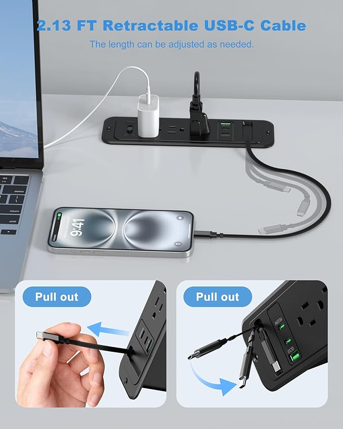 Recessed Power Strip with Retractable USB C Cable,2 PD 20W USB C,Flush Mount Countertop Drawer Outlet, Furniture Hidden Outlet for Side Table,End Table,3 Outlets (Black, 6FT-20W USB)