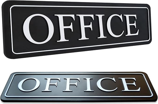 The Office sign for door or wall — Main office signs — quick easy installation — self adhesive for doors or walls — 9 X 3 in office signage for home and Business sign — White Big letters on black plate (Raised/ Black White)