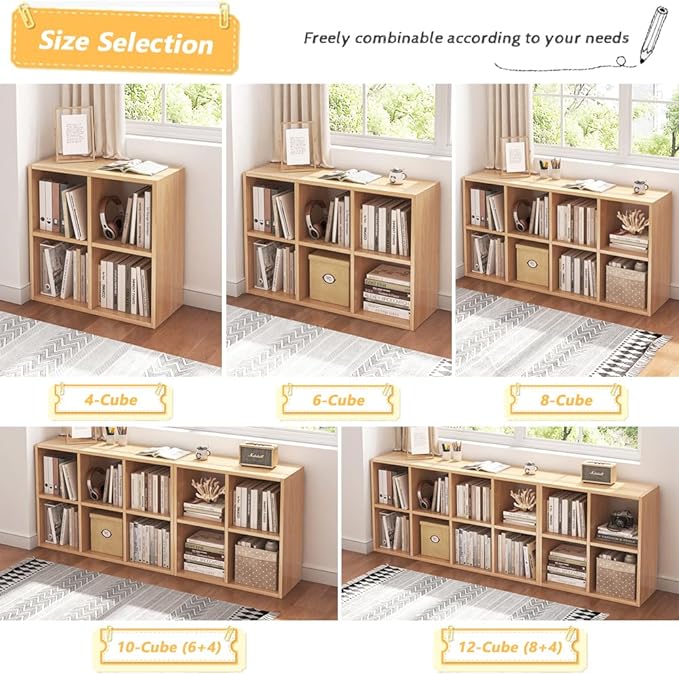 NELYE 6 Cube Organizer Bookcase - Fabric Storage Bins Container, Open Shelf Simple Compartments Bookshelf, Oak