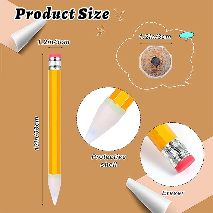 WLLHYF 10 Pcs Wooden Jumbo Pencils for Prop, 14 Inch Large Pencil Halloween Funny Big Pencil with Cap Novelty