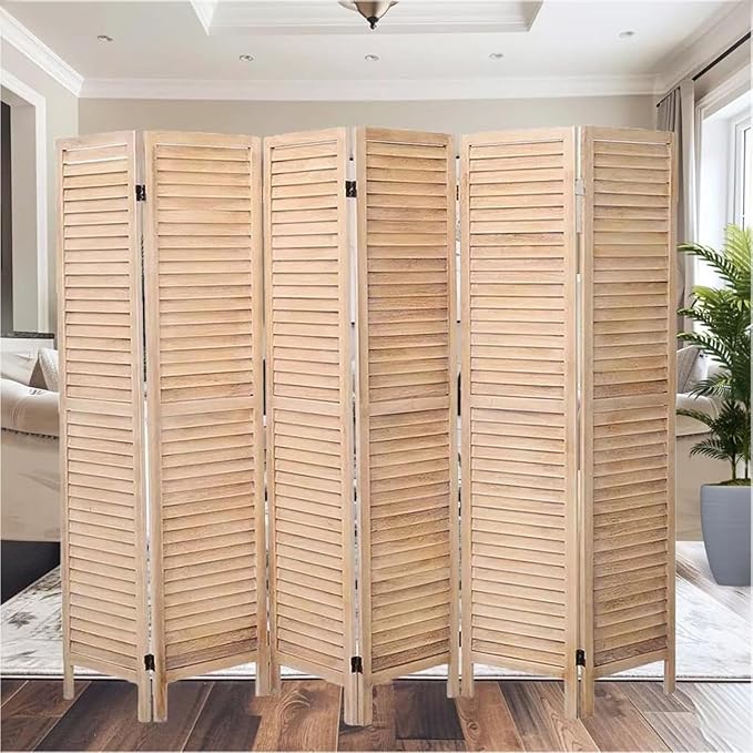 6 Panel Room Dividers and Folding Privacy Screens, Divider for Room Separation, Wood Louvered Divider Wall, Wooden Partition for Home Office Bedroom (Natural)