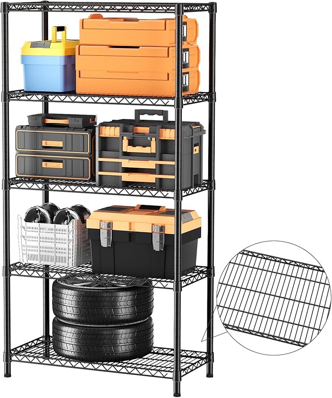SINGAYE 5 Garage Shelving Wire Storage Heavy Duty Shelves 1750LBS Shelving Unit Metal Bathroom Organizers and Shelf Wire Closet Pantry Kitchen Rack 18" Dx36 Wx71 H Black