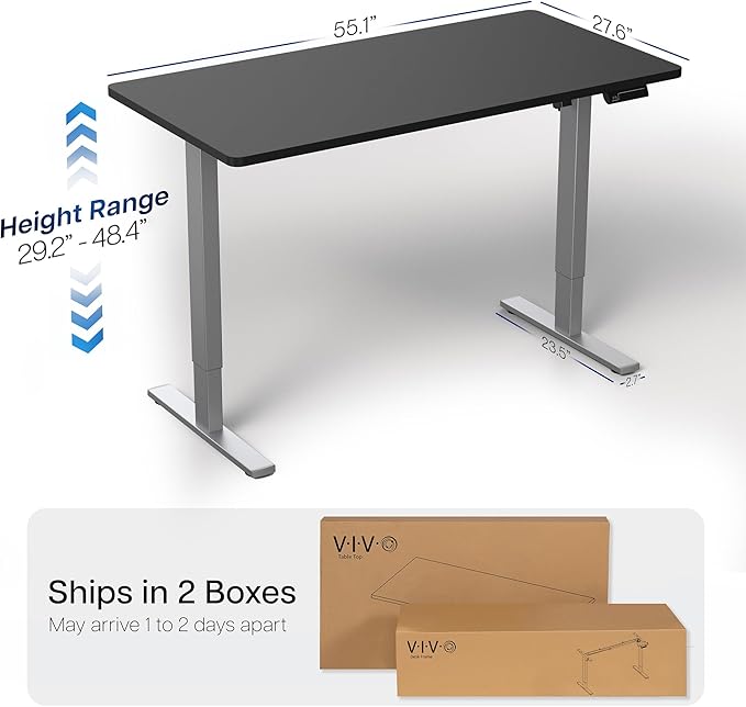 VIVO Electric 55 x 28 in Standing Desk, Memory Height Adjustment, 1B Series, Holds 220 lbs, One-Piece Black Top, Gray Frame, DESK-KIT-1G55B