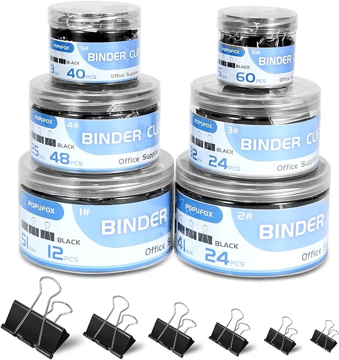 Binder Clips Assorted Sizes Including Extra Large Medium Small Mini and Micro, Office Supplies File Clamps Paper Clips, 6 Sizes in 6 Boxes, 208 PCS Metal Black Clamps for School