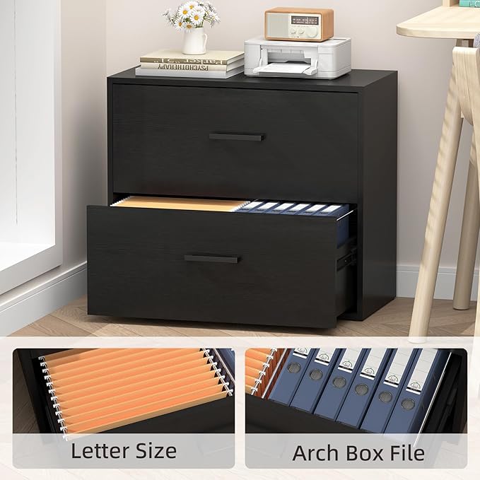 FATIGOS Lateral File Cabinet, Wood Black File Cabinet with Hanging Bars for Letters, Horizontal File Cabinets for Home Office, Black