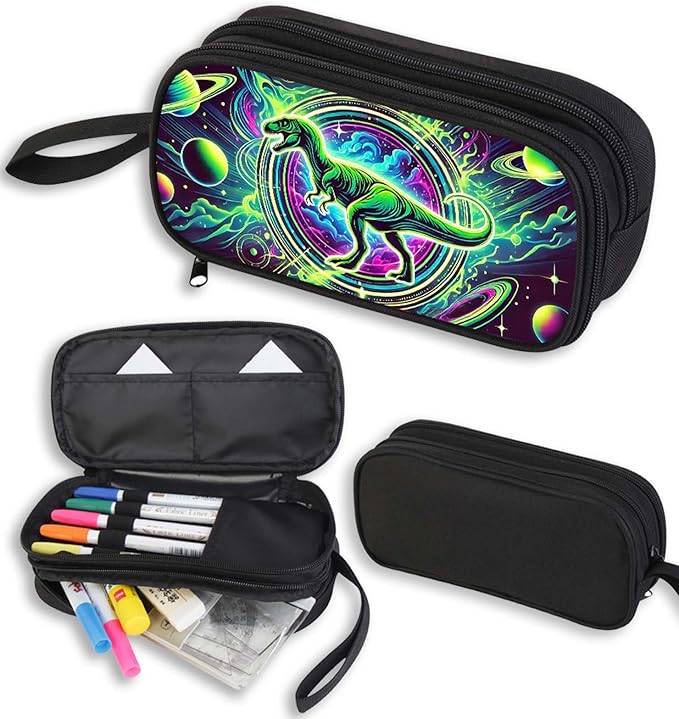 AnySmic Dinosaur Pencil Case for Boys and Girls, Dino Pencil Pouch for Kids, Big Capacity Pen Case Gifts for Child at Elementary School, Double Zipper Pen Bag Organizer with 2 Compartments