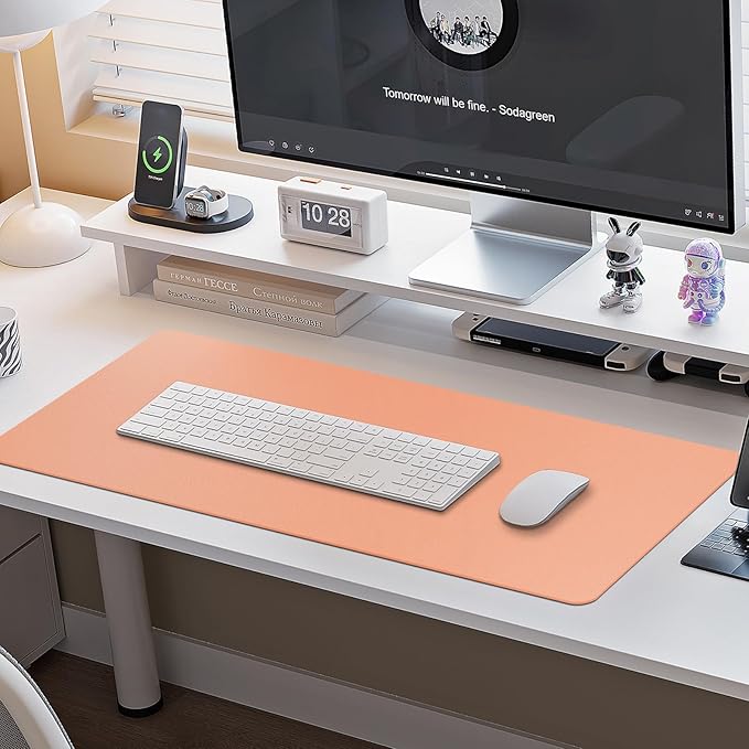 Boutilon Leather Desk Pad Protector,Non-Slip Mouse Pad,Laptop Desk Pad,Office Mouse Mat,Waterproof Leather Desk Blotter,Desk Writing Pad for Office and Home (XL-Orange Pink,35.4"x 15.7")
