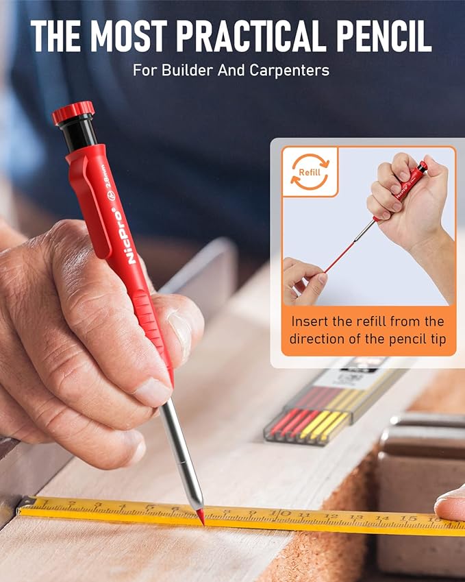 Nicpro 4 Pack Carpenter Pencils with Sharpener, Construction Mechanical Pencil Set with 52 Refills, Heavy Duty Working Tools, Long Nib Marker Pens for Architect Marking (Red, Black, Yellow, Green)