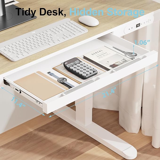 ERGO COLLECT Electric Standing Desk 48 Inch - One-Piece Desktop with Drawer, Cable Management, Wireless Charging & USB Port, Quiet Motor - for Home Office, Light Wood